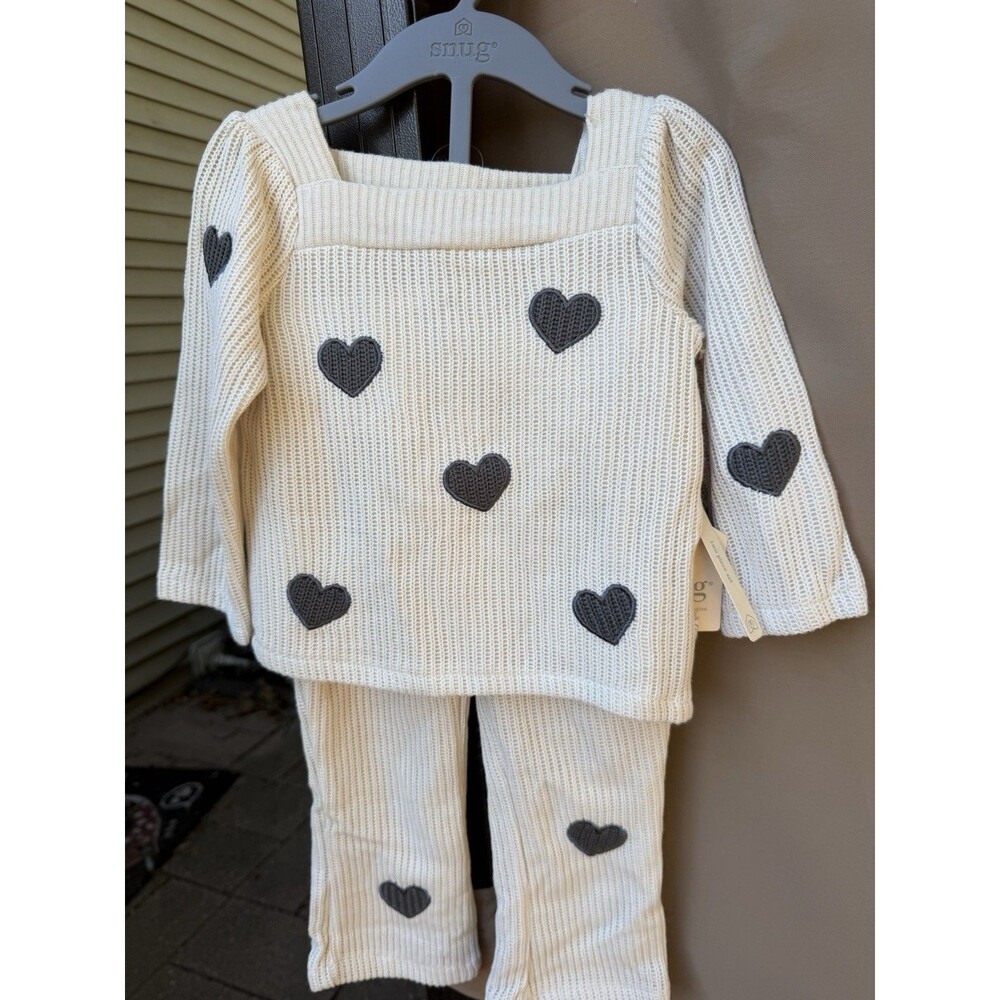 Snug Cream Knit 2pc Sweater & Pants Set Embroidered Heart Long Sleeve
